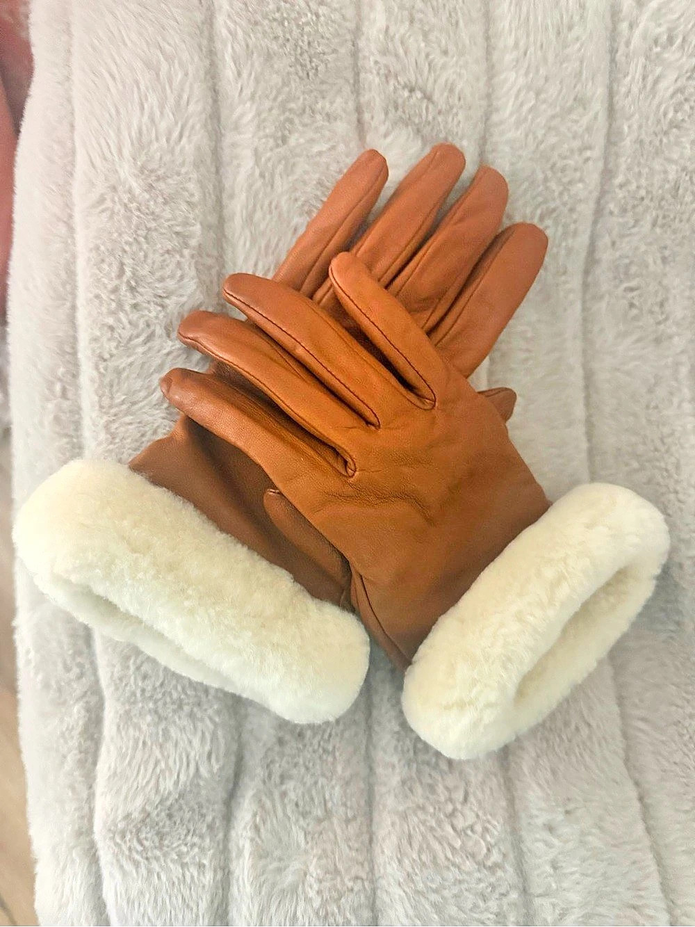 Brown Leather-Look Gloves with Cream Cuffs